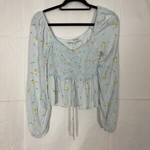Sophie Rue Blue Floral Smocked Peasant Top Long Sleeve Boho Cottagecore M